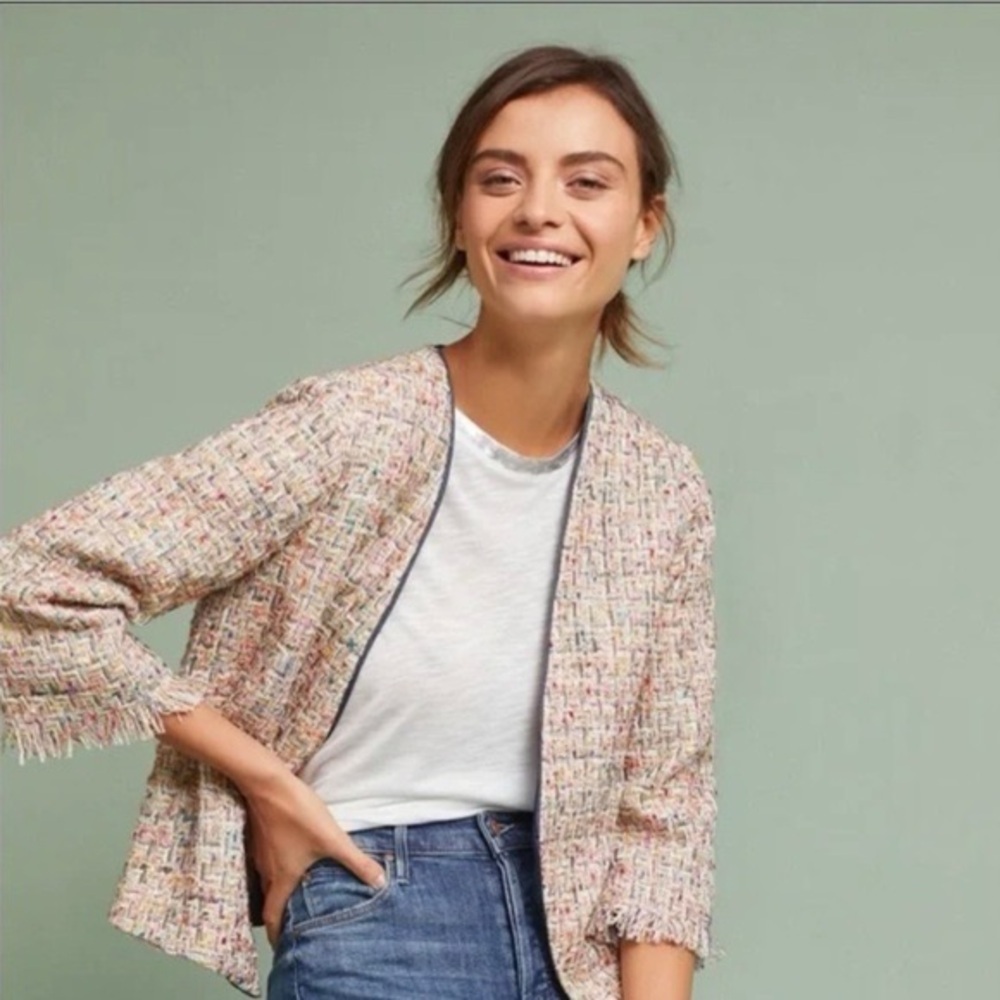 Samantha Dru Anthropologie Daisy Open Front Tweed Lined Blazer Jacket Sz XS